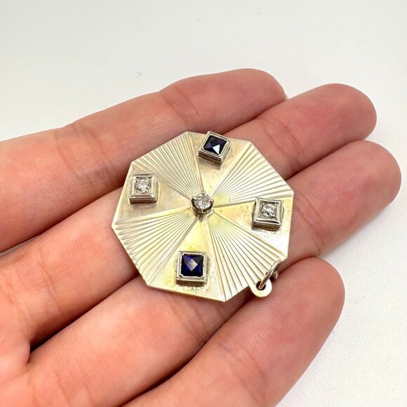 VTG Sterling Silver 925 Black & White CZ Octagonal Ridged Pendant Charm 1.25" - Picture 2 of 15